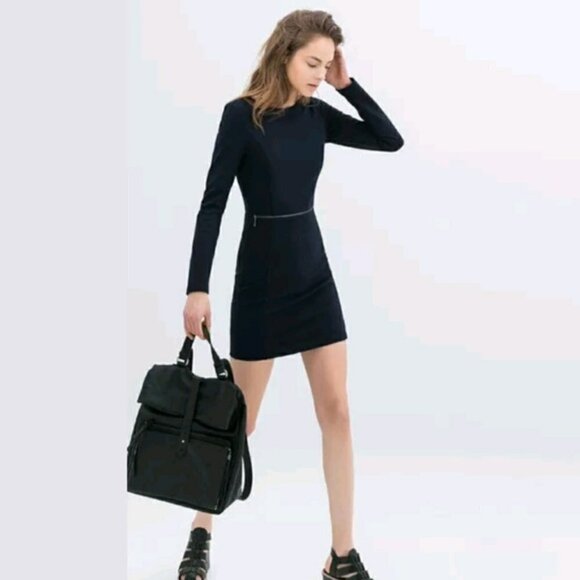 Zara Blue Long Sleeve Zip Waist Bodycon Dress Med.